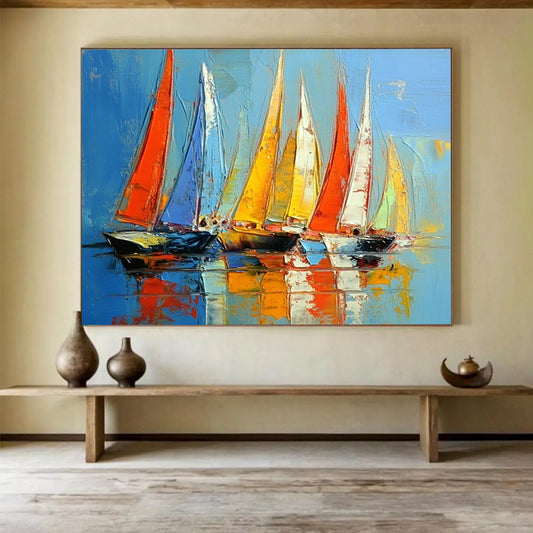 “Vibrant Regatta” - Red, blue, yellow; Colorful sailboats racing on bright water; Palette Knife Oil Painting On Canvas HB1167