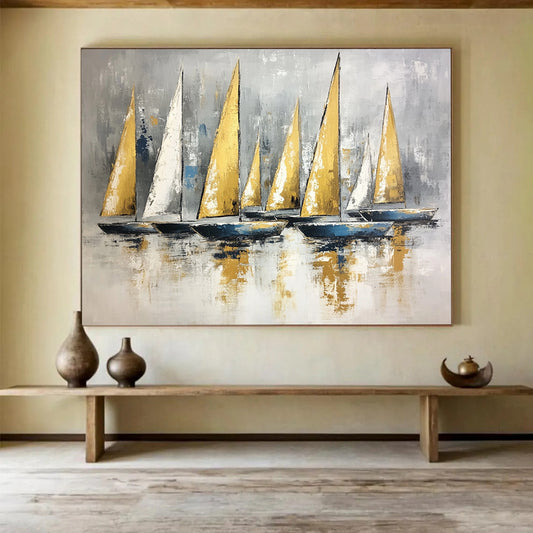 “Gold and Gray Sail Fleet” - Gold, Gray, Blue, Sailboats on Calm Water - Textured Oil Painting HB1733