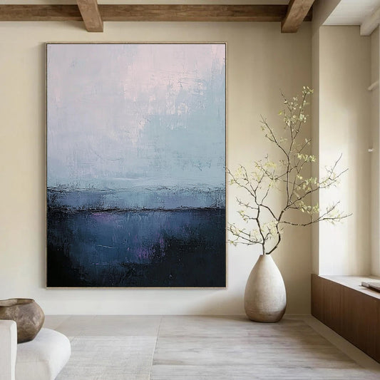 Contemporary abstract art featuring muted gray and blue tones with soft edges and textured contrasts in a large canvas format. DLZ0402