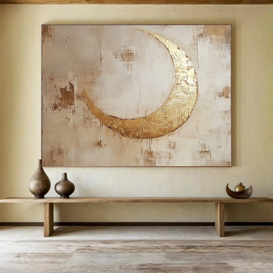 “Gilded Crescent Moonlit” - Gold, Beige, Brown, Textured Celestial Symbol Scenes Painting On Canvas HB1024