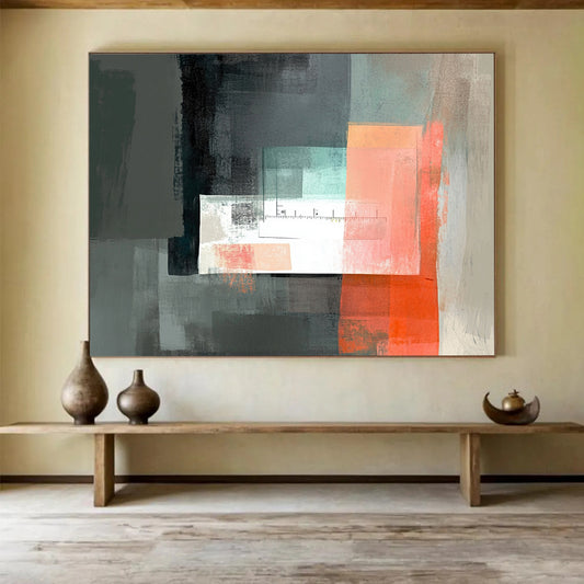 “Abstract Geometric with Ruler” - Gray, Coral, Teal, Geometric Shapes with Ruler Painting On Canvas HB0861