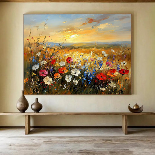 “Wildflower Meadow at Sunset” - Vivid Pinks, Purples, Yellows, Colorful Wildflower Field - Impressionist Oil Painting HB1687