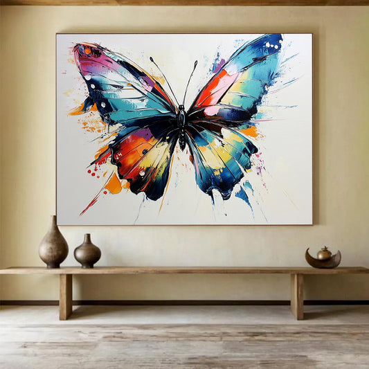 “Rainbow - Hued Butterfly” - Bright Pink, Blue, Yellow, Orange, Textured Butterfly Abstract Painting On Canvas HB0984