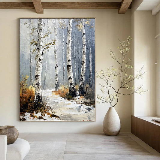 Contemporary abstract painting featuring birch trees with textured white bark and green leaves amidst a foggy atmosphere and snowy ground. DLZ1101