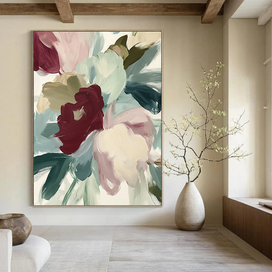 Contemporary abstract painting featuring loose brush strokes and muted colors depicting close-up flowers in reds and greens on a white background. DLZ0382