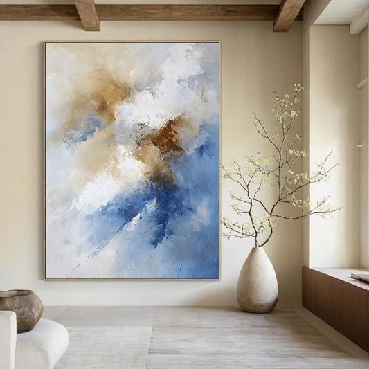 Large contemporary hand-painted abstract artwork featuring fluid lines and soft edges with tranquil beige and brown clouds creating an ethereal atmosphere. DLZ0325