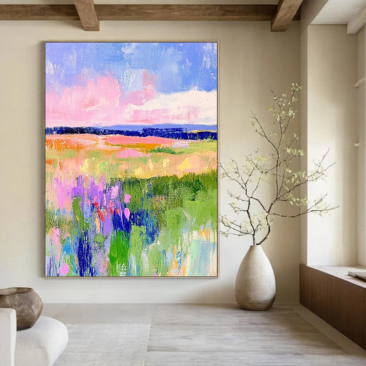 Vibrant contemporary hand-painted abstract artwork featuring pastel fields of green and pink with dreamy skies in blue and purple tones. DLZ1284