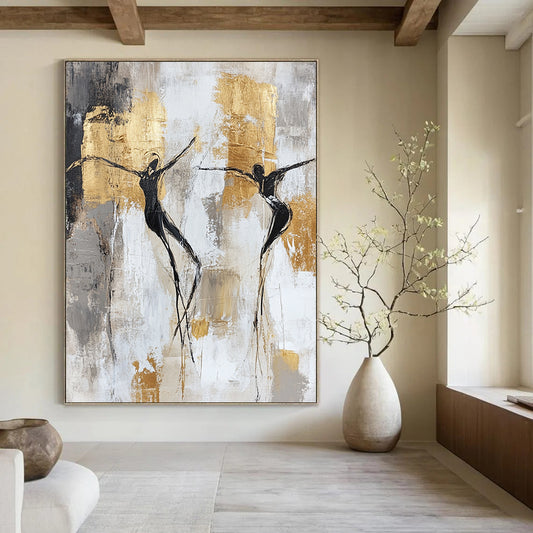Contemporary abstract artwork featuring grey white and gold shapes with fluid human forms and elegant textures highlighting minimalist aesthetics and rich color depth. DLZ0640