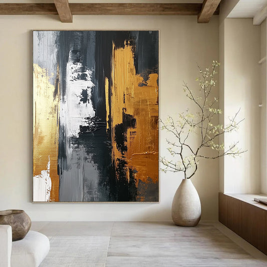 Abstract artwork featuring a gold and gray palette with bold brush strokes and white highlights on a dark gray background, emphasizing texture and dynamic design. DLZ0705