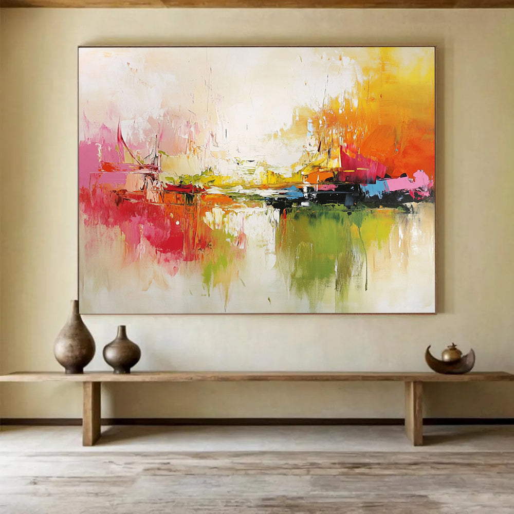 “Vibrant Abstract Harbor” - Red, Yellow, Green, Blue, Bold Boats and Reflections Painting On Canvas HB0924