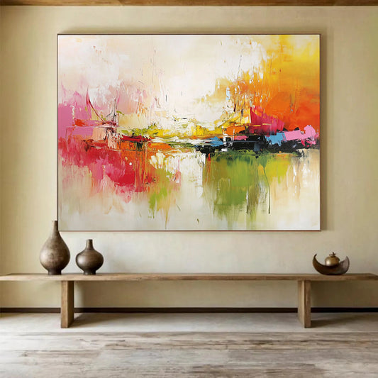 “Vibrant Abstract Harbor” - Red, Yellow, Green, Blue, Bold Boats and Reflections Painting On Canvas HB0924