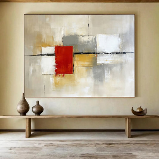 “Geometric Abstract in Neutral Tones” - Beige, gray, white, red; Geometric abstract with a central red square; Acrylic Painting On Canvas HB1257