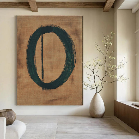 Contemporary abstract art features a green circular number zero on brown paper accented by thin black lines, crafted in an oil painting style. DLZ1466