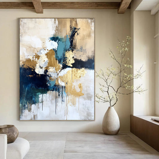 Contemporary hand-painted abstract art on textured canvas with gold foil highlights in cream white and blue creating a romantic atmosphere with vibrant earthy tones. DLZ1009