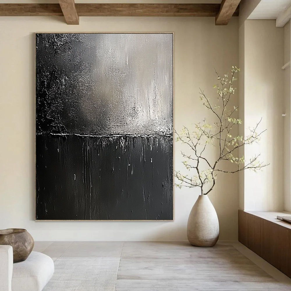 Contemporary abstract painting featuring black and gray metallic textures with visible brush strokes and a hint of light symbolizing hope and renewal. DLZ0319