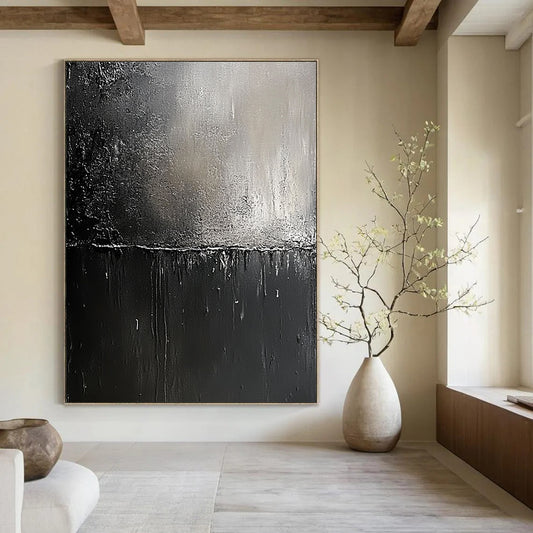 Contemporary abstract painting featuring black and gray metallic textures with visible brush strokes and a hint of light symbolizing hope and renewal. DLZ0319