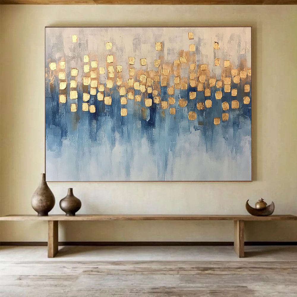 “Blue and Gold Dots” - Blue, Gold, White, Abstract Dotted Painting On Canvas HB1055