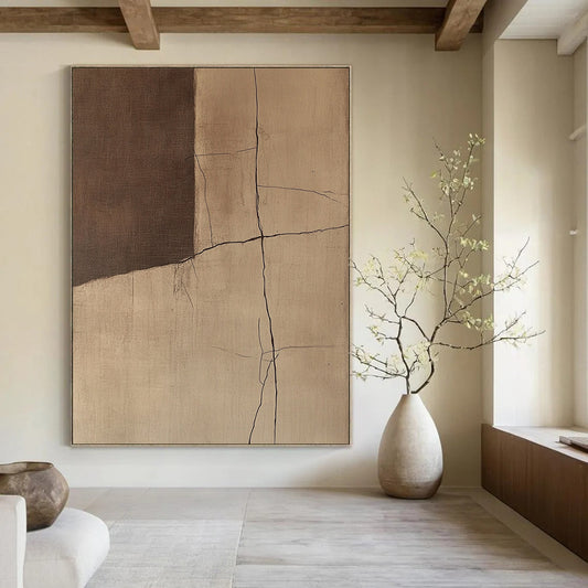 Contemporary abstract artwork showcasing textured wall cracks in warm brown and beige tones inspired by Jean-Que Demoiselle's unique style. DLZ0860