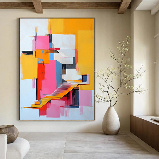 Vibrant contemporary abstract art featuring a pink and yellow building with stairs, inspired by modern artistic expressions. DLZ1377