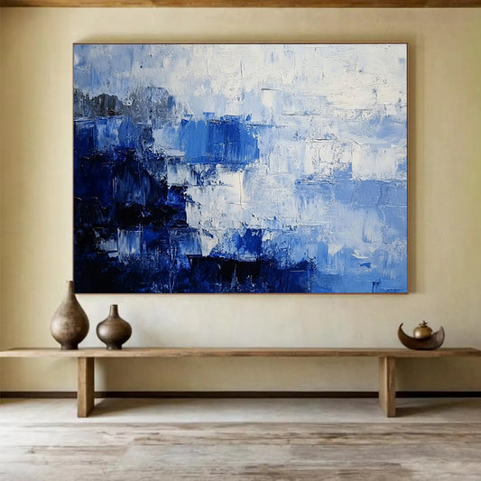 “Blue - Gray Abstract Block Patterns” - Blue, Gray, Block Shapes Painting On Canvas HB0837