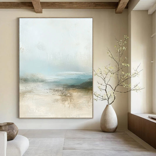 Contemporary abstract painting featuring muted pastel colors and calming beige and pale blue tones with soft atmospheric clouds. DLZ0282