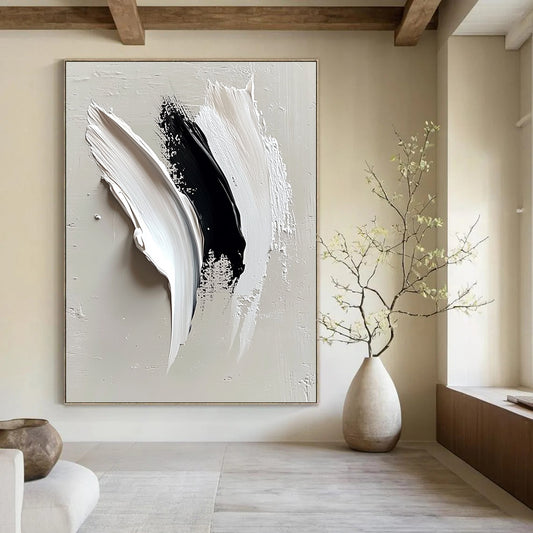 Contemporary abstract painting featuring minimalist white and black strokes on light gray, symbolizing an eagle's wing with a blend of elegance and strength. DLZ0664