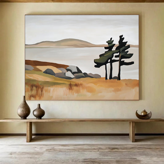 “Minimalist Landscape with Trees” - Beige, Green, Gray, Simplified Nature Scene - Acrylic Painting HB1647