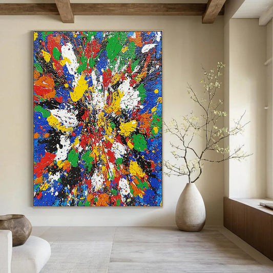 Vibrant contemporary abstract painting featuring chaotic splatters in bright primary colors showcasing dynamic brushstrokes and intricate textures. DLZ1407