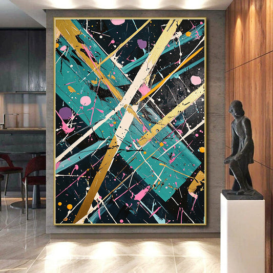 Dark Green, Gold, Pink, White, Geometric Splashes "Eclectic Fusion" Abstract Painting On Canvas HB030