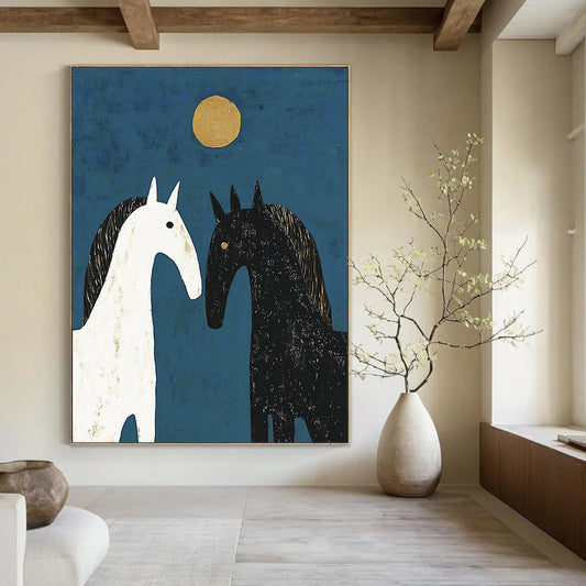 Contemporary abstract artwork featuring three horses in a symmetrical design with soft edges and delicate brushstrokes against a deep blue background. DLZ1714