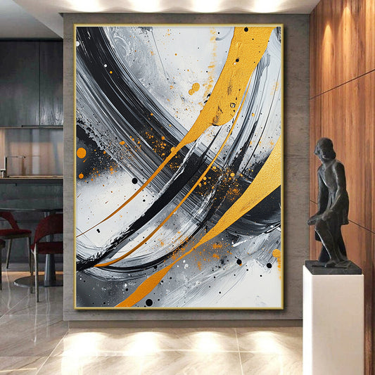 Gray, Black, White, Gold, Orange, Swirling Strokes "Fiery Galaxy" Abstract Cosmic - Inspired Painting On Canvas HB069