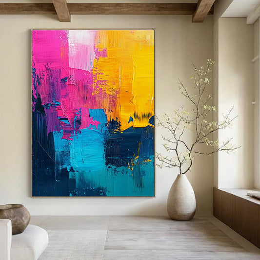 Vibrant contemporary abstract painting with bold pink and yellow accents, a striking turquoise center, and rich dark blue features, showcasing textured acrylic brush strokes. DLZ0776