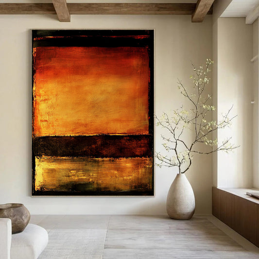 Contemporary abstract artwork features vibrant orange and brown hues with water reflections set against a dark background framed by a bold black border. DLZ0937