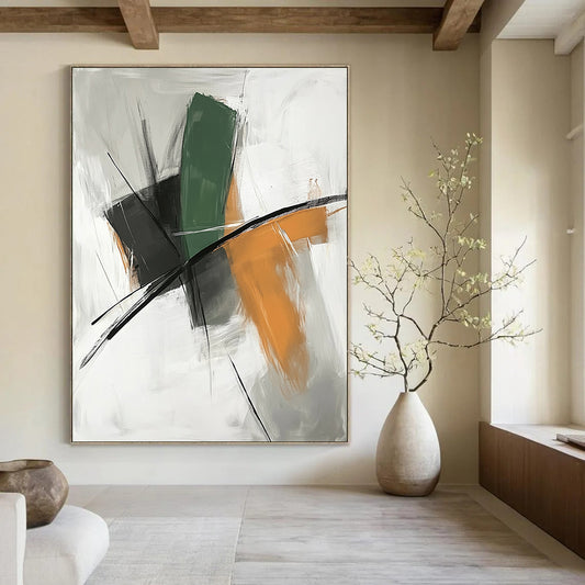 Large contemporary hand-painted abstract art with a white background and serene shapes featuring green lines, orange tones, black accents, and calming colors. DLZ0928