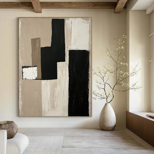 Contemporary hand-painted abstract artwork features minimalist composition with a monochromatic palette of beige black and white on unprimed canvas. DLZ0933