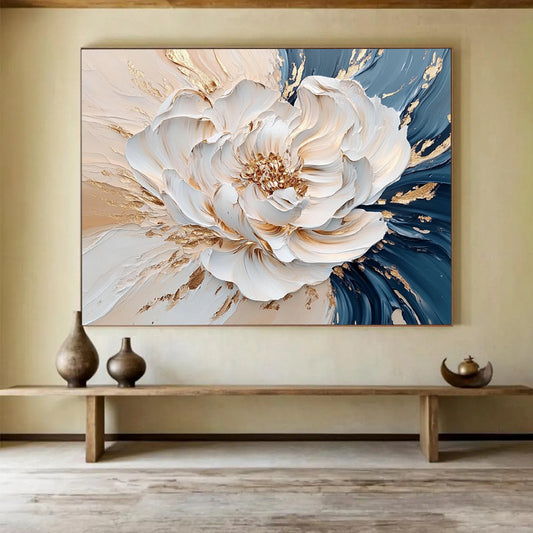 “Elegant Gold - Accented Peony” - White, Gold, Textured Peony Flower Painting On Canvas HB0879