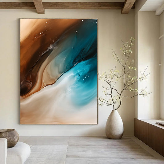 Contemporary abstract artwork features fluid shapes of sand and ocean waves in brown white teal and blue with smooth brushstrokes and a gradient background. DLZ0993