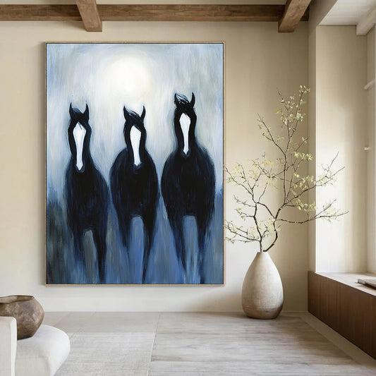 Contemporary hand-painted abstract art features three black horses with white stripes galloping in moonlight against a misty night backdrop. DLZ1713