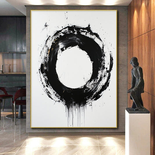 White, Black and Gold Abstract Circle "Dynamic Enso" Painting On Canvas HB366