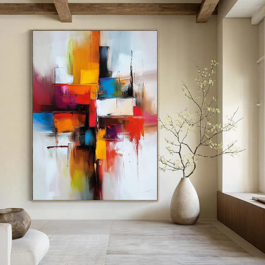 Contemporary hand-painted abstract artwork featuring vibrant reds and oranges with a central cross and dynamic geometric shapes expressing energy and fluidity. DLZ0677