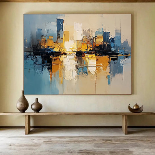 “Golden Skyline” - Blues, golds, whites; Abstract cityscape glowing at dusk; Impasto Oil Painting On Canvas HB1180