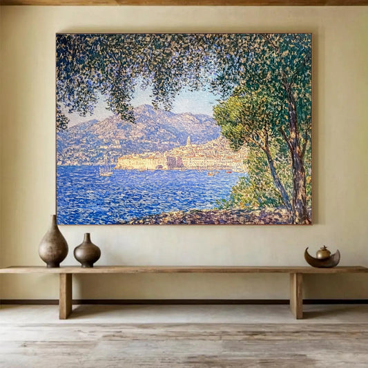 “Impressionist Coastal Scene” - Blue, green, beige, Impressionist Landscape Painting HB0630