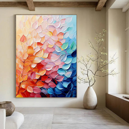 Contemporary abstract painting featuring colorful leaves in soft hues with vibrant palette knife texture for a puffy shiny effect on canvas. DLZ0616