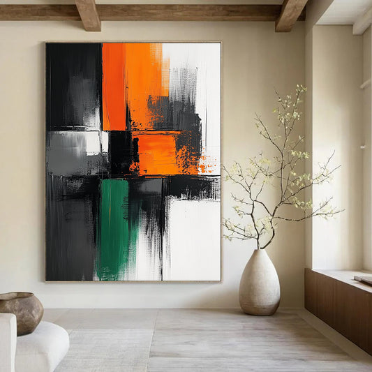 Contemporary hand-painted abstract artwork features bold black lines on a pristine white background with vibrant blocks of orange gray and green colors. DLZ1651