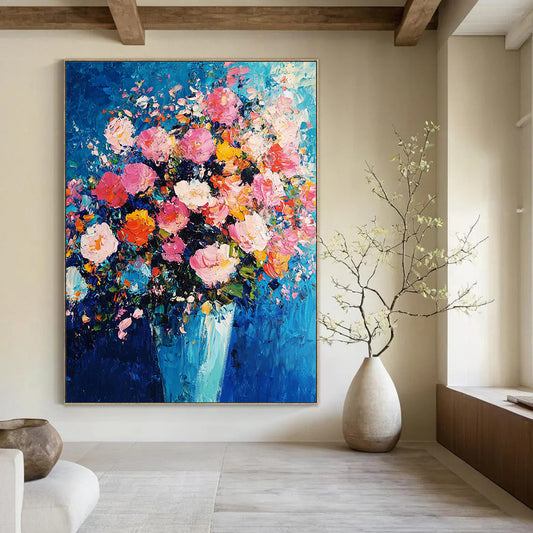 Abstract expressionism captures vibrant pink and blue hues with thick brush strokes and texture, creating a dynamic floral arrangement against an indigo background. DLZ1277