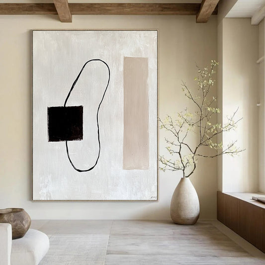 Contemporary abstract painting featuring a dark brown electrical wire on a white background with minimalist lines and a beige rectangle inspired by Matisse. DLZ1316