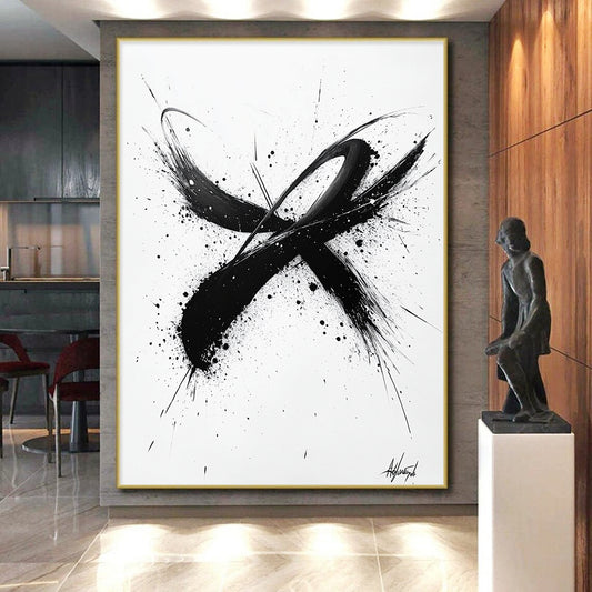 Black Brush Strokes & Splatters on White - “Dynamic Ink Energy” Painting On Canvas HB214
