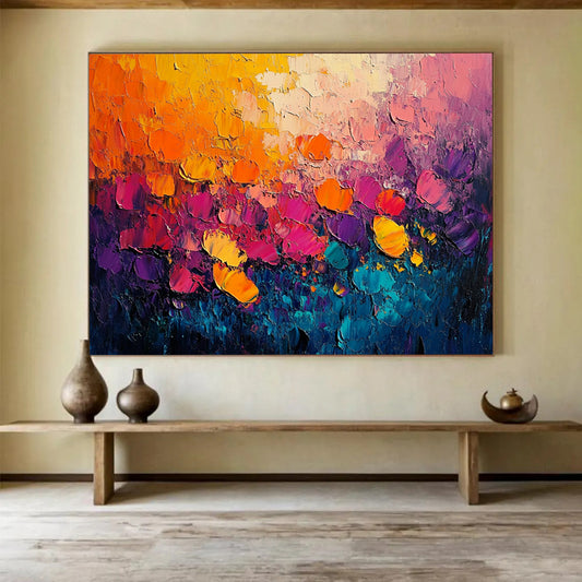 “Blossom Burst” - Vivid oranges, pinks, purples, blue - greens; Thick - textured flower fields; Impasto Landscape Painting On Canvas HB1146