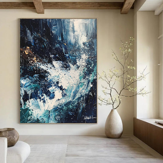 Contemporary abstract painting featuring crashing waves in white and blue hues with dark tones expressive brush strokes and palette knife textures. DLZ0617