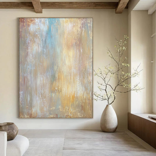 Contemporary abstract artwork features muted earth tones with soft textures and large brush strokes on wood for a stunning visual impact. DLZ0900